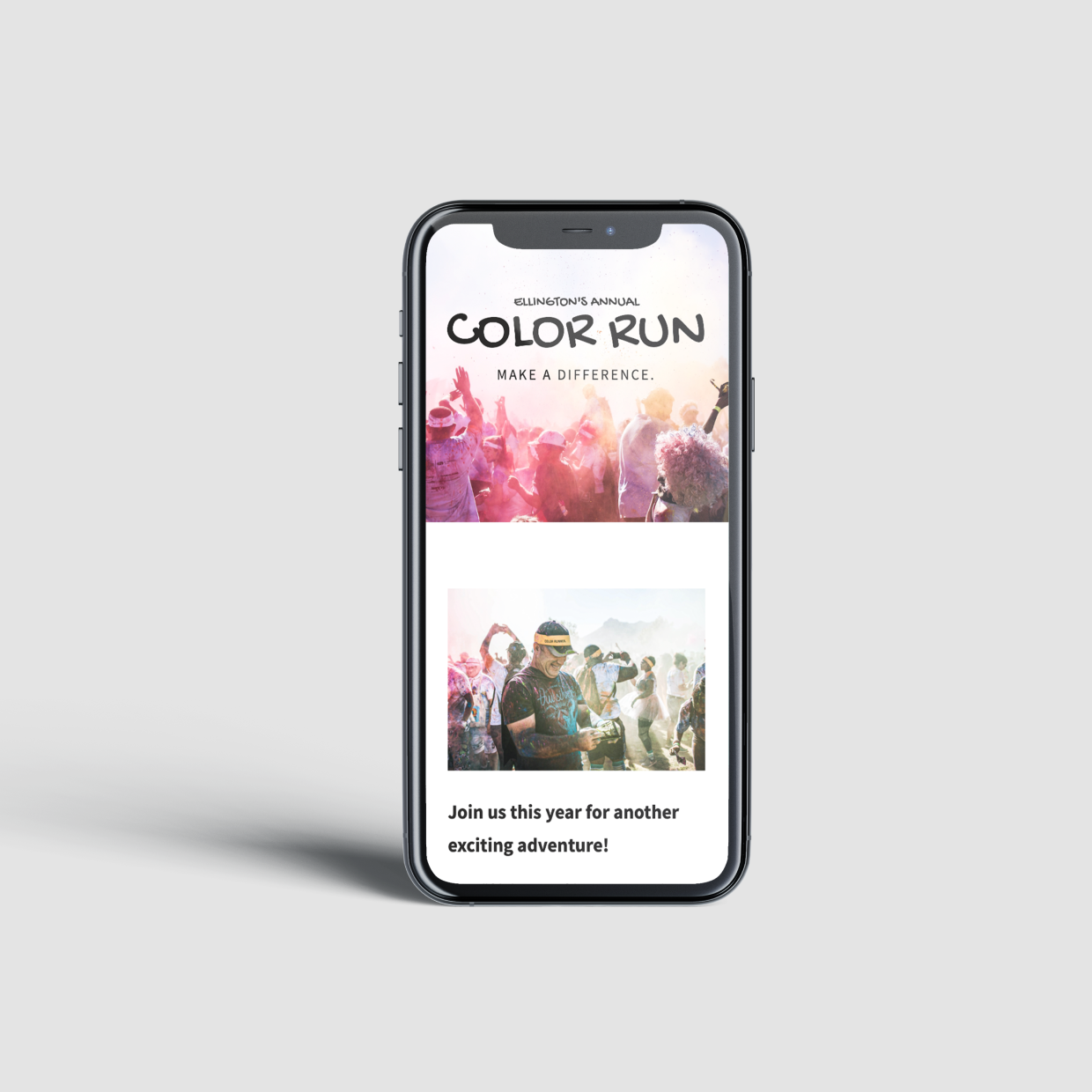 iPhone mock-up with color run home page