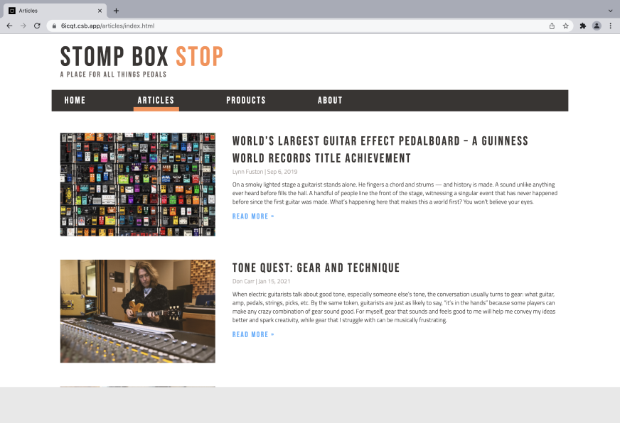 screenshot of stomp box stop article list page